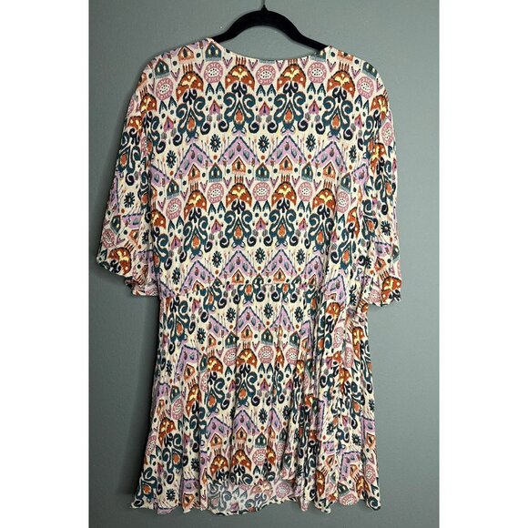 Torrid Womens 4X Tan Purple Printed Short Sleeve Gauze Smocked Surplice Wrap Top - Picture 3 of 11